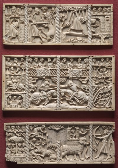 Three Panels from a Casket with Scenes from Courtly Romances, c.1330-1350 by French School