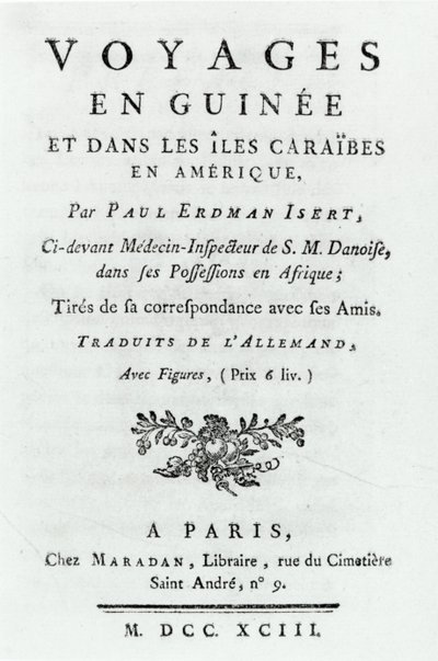 Title page for Voyages en Guinee et dans les Iles Caraibes en Amerique by Paul Erdman Isert, published 1743 by French School