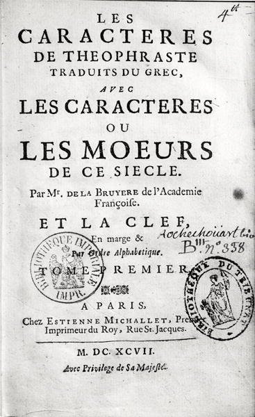 Titlepage of Theophrastuss Les Characteres ou les Moeurs translated by Jean de la Bruyere by French School