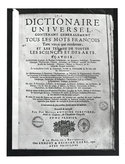 Titlepage of the Dictionnaire Universel by Antoine Furetiere, 1690 by French School