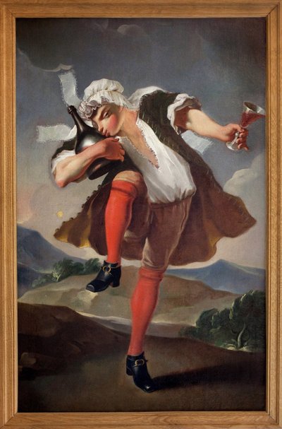 To the three orders reunited. A man representing the Clergy, the Nobility, and the Third Estate holds a glass of red wine and kisses a bottle by French School