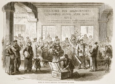 Tools in pledge returned to workmen at Paris, illustration from Cassells History of the War between France and Germany, 1870-1871 by French School