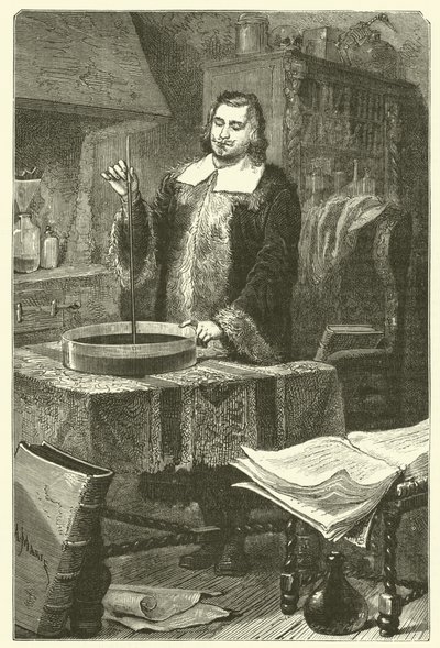 Torricelli inventing the barometer by French School