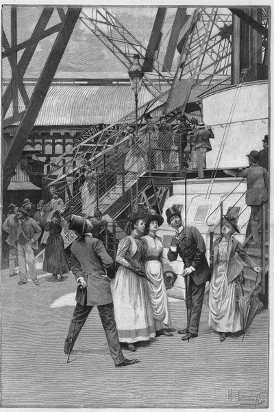 Tourists near the elevator of the first platform of the Eiffel Tower in Paris by French School