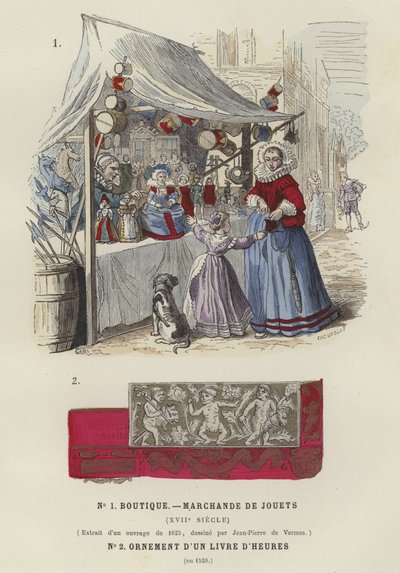 Toy stall, 17th Century, and decorative detail from a book of hours, 1520 by French School
