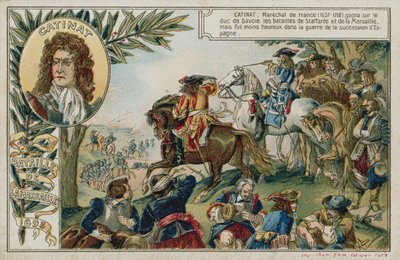 Trade card with an image depicting the Battle of Marsaglia by French School