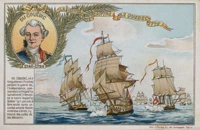 Trade card with an image depicting the Surveillante against HMS Quebec by French School