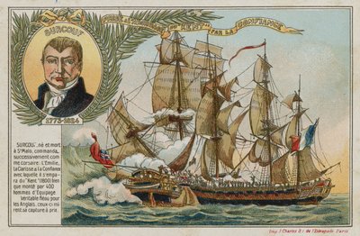 Trade card with an image depicting the capture of the East Indiaman Kent by the Confiance by French School