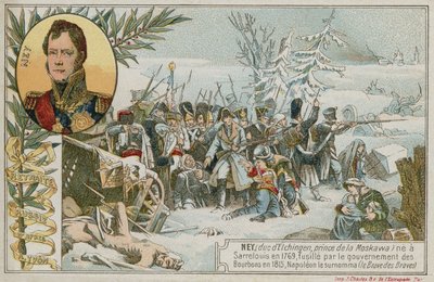 Trade card with an image depicting the retreat from Russia by French School