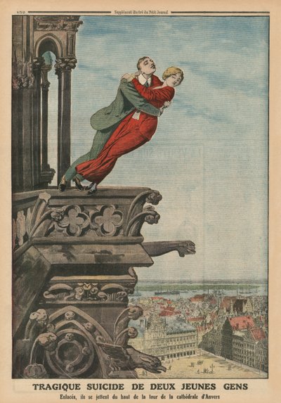 Tragic suicide of two young people from the tower of the cathedral in Antwerp, back cover illustration from 