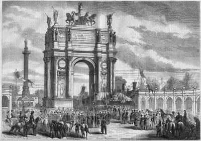 Transformations of Paris under the Second Empire, Haussmann Paris: arch of triumph at the inauguration of Boulevard du Prince Eugene (today Boulevard Voltaire) by Napoleon III. Engraving in 
