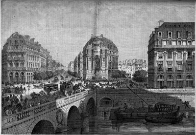 Transformations of Paris under the Second Empire, Haussmann Paris: view of the fountain Saint Michel (1860) on the Boulevard de Sebastopol. Engraving in Le Monde Illustré n°175 of 18 August 1860. by French School