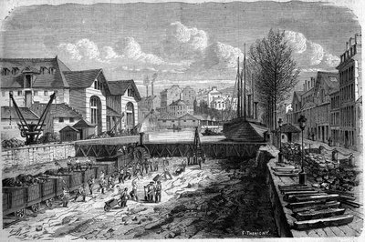 Transformations of Paris under the Second Empire, Haussmann Paris: works performed for the lowering of the water body of the Canal Saint Martin. Engraving in 
