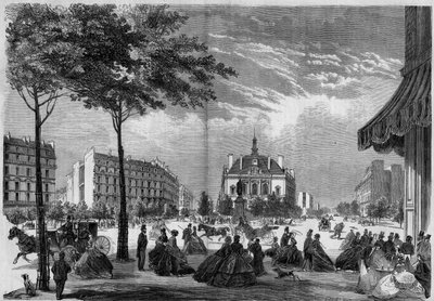 Transformations of Paris under the Second Empire, Paris Haussmann: the new town hall of the XI arrondissement in Paris. (You can see Voltaire Boulevard and Parmentier Avenue). Engraving from 1865 by French School