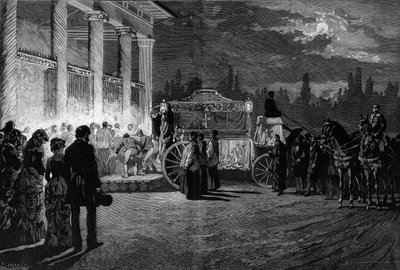 Translation of the ashes of Pope Pius IX (1792-1878): arrival of the cortege at the Church of St. Lawrence in Rome on July 12, 1881. Engraving by Pelicer in Le Monde Illustré No. 1271 of August 6, 1881 by French School