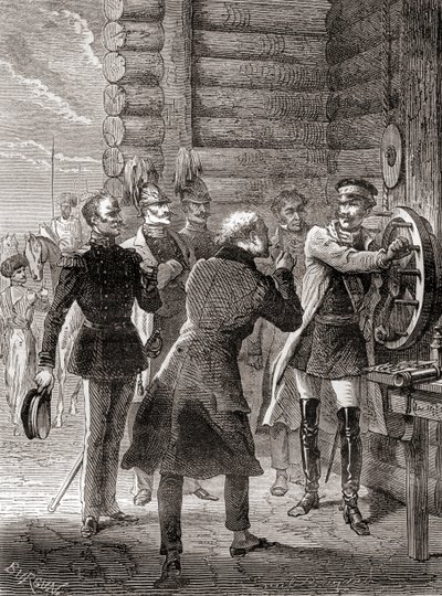Tsar Nicholas I inaugurating the semaphore telegraph line between Moscow and Warsaw in 1833, using a modification of Claude Chappe
