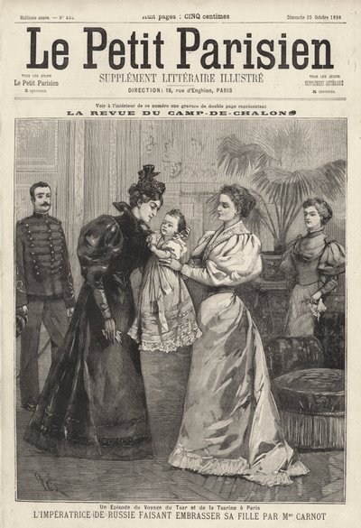 Tsarina Alexandra of Russia inviting the widow of French President Sadi Carnot to kiss her daughter, Grand Duchess Olga, during the Russian Imperial Family