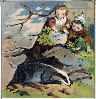 Two children observe a badger in his burrow. From 