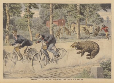 Two cyclists chased by an escaped bear by French School