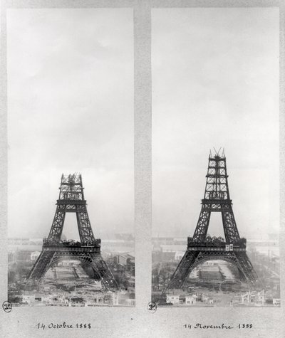 Two views of the construction of the Eiffel Tower, Paris, 14th October and 14th November 1888 by French School