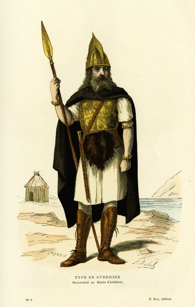 Type of Gallic warrior, with spear and epee nydam. Colour engraving after L. Hennin