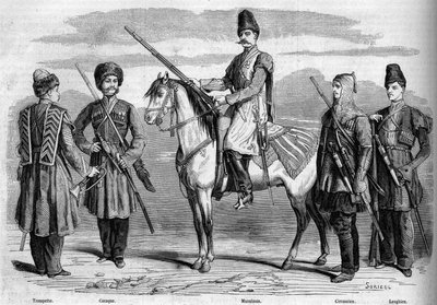 Types and uniforms of the special escort of the Emperor of Russia. From left to right: Trumpet, Cossack, Muslim, Circassian and Lesghian. Engraving in 