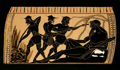 Ulysses and his companions gouging out the eye of the Cyclops Polyphemus, illustration from an antique Greek vase, 1887 by French School