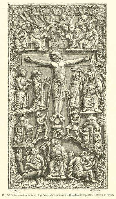 One side of the ivory cover of a gospel book kept at the Imperial Library by French School