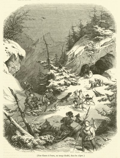 A Bear Hunt in Feudal Times in the Alps (engraving) by French School