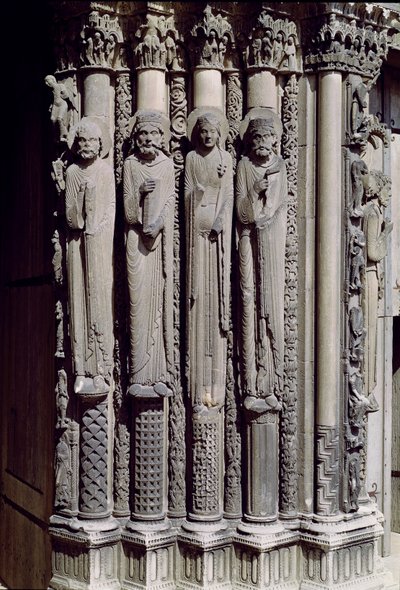 Unknown figure, King Solomon, the Queen of Sheba and King David, jamb figures from the Royal Portal, 1140-55 by French School