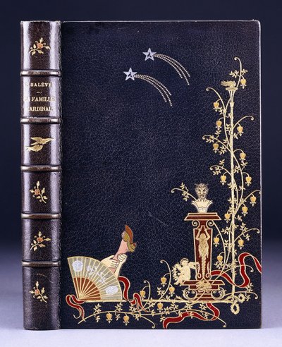 Upper book cover of two shooting-stars, a torch, foliage, faun on pedestal, putto and a leg behind a fan, 1893 by French School