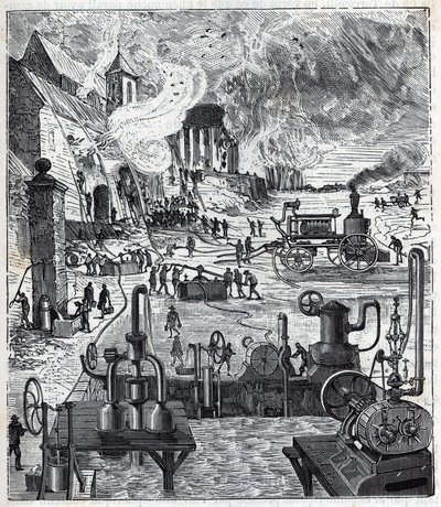 Use of Various Pump Systems in a Fire in the 19th Century - Engraving in 