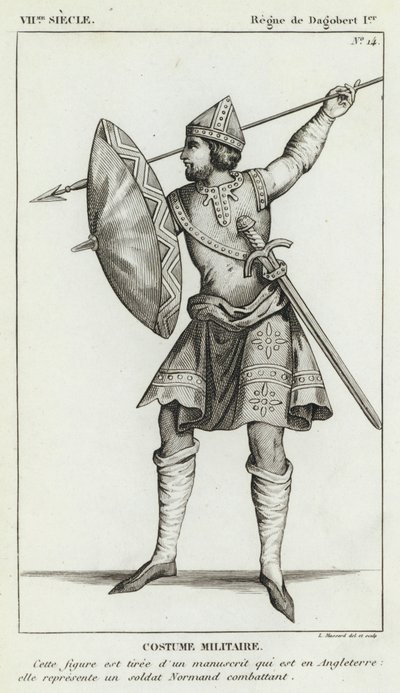 7th Century, Reign of Dagobert I, Military Costume (engraving) by French School