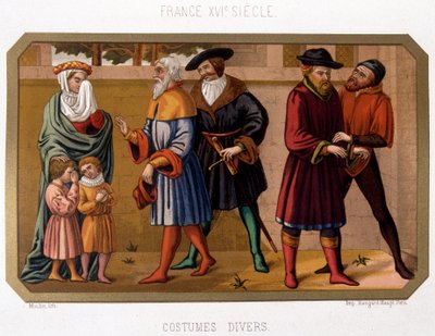 Various costumes of the bourgeoisie in the 16th century - chromo. 19th century based on period document by French School