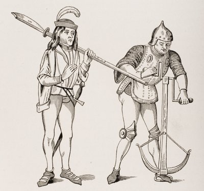 Varlet or Squire carrying a thick-bladed halberd and an archer drawing a crossbow string with double-handed winch, after a 15th century miniature, from Le Moyen Age et La Renaissance by Paul Lacroix by French School