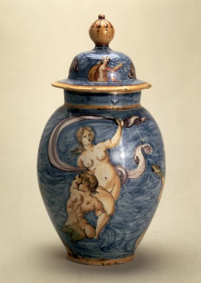 Vase, decorated with sea deities, Nevers, early 17th century by French School