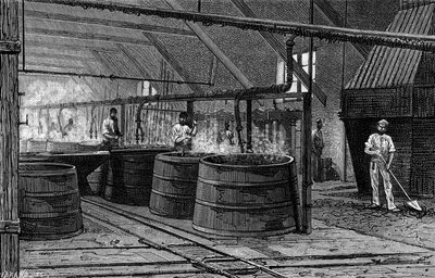 Vats of the Suffrice factory charged to ecumer the Seine. Engraving in “Le Journal de la jeunesse” by French School
