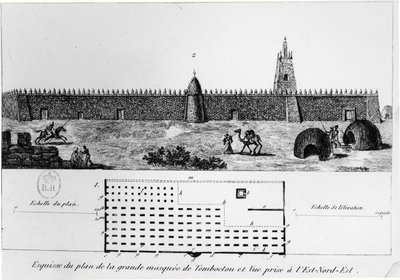 View and plan of the great mosque in Timbuktu, from Journal d