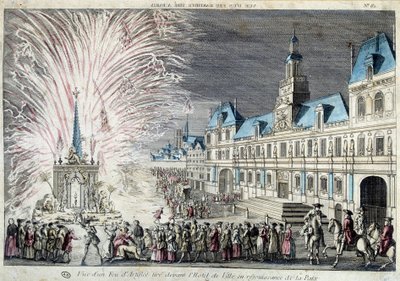 View of a fireworks shot in front of the Town Hall in reenjoyment of Peace by French School