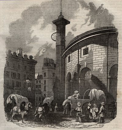 View of halle au ble in Paris (built in 1763-1769) and the Medici column, engraving beginning 19th century - wheat and corn exchange in Paris (built in 1763-1769), engraving early 19th century - View of the Halle au ble, placed on the present Hotel de Sois by French School
