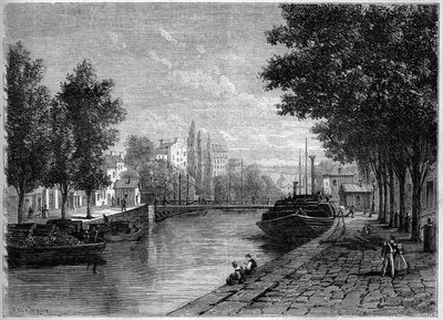 View of the Canal Saint Martin, in Paris, before the transformations carried out by Haussmann in the middle of the 19th century. View taken at the height of rue Saint Sebastien. Engraving in 