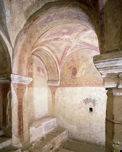 View of the Carolingian frescoes in the inner crypt, c.858 by French School
