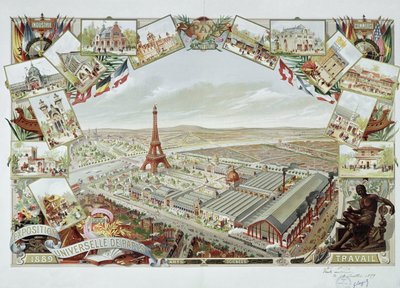 View of the Universal Exhibition with the different pavilions and the Eiffel Tower by French School