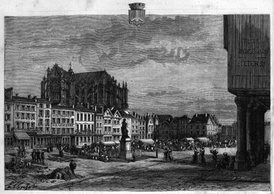 View of the city of Beauvais in the Oise. Engraving from 1880 in La republique illustree private collection. by French School