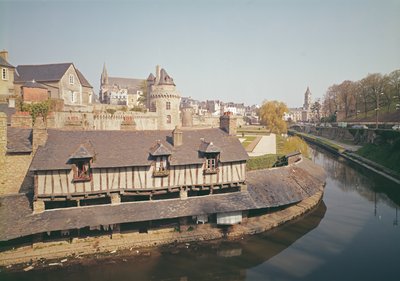 View of the old fortifications and a washing house by French School