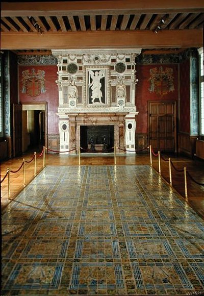 View of the Tiled Floor and Fireplace in the Great Hall by French School