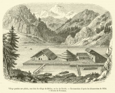 Gaulish Village on Stilts, Near the Village of Meilen, on Lake Zurich (engraving) by French School