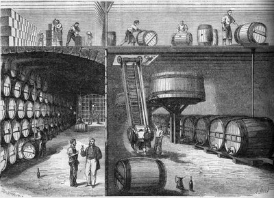 Viticulture: internal view of the cellars and workshops of M. P. Morel and F. Sourzac in Bordeaux, Gironde by French School
