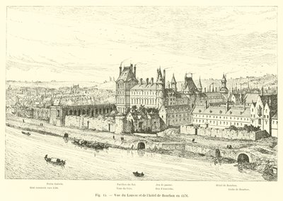 View of the Louvre and the Bourbon hotel in 1576 by French School