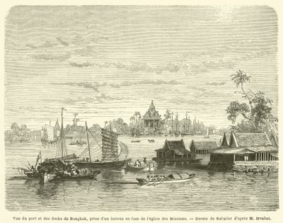 View of the port and docks of Bangkok, taken from a boat in front of the Missions Church by French School